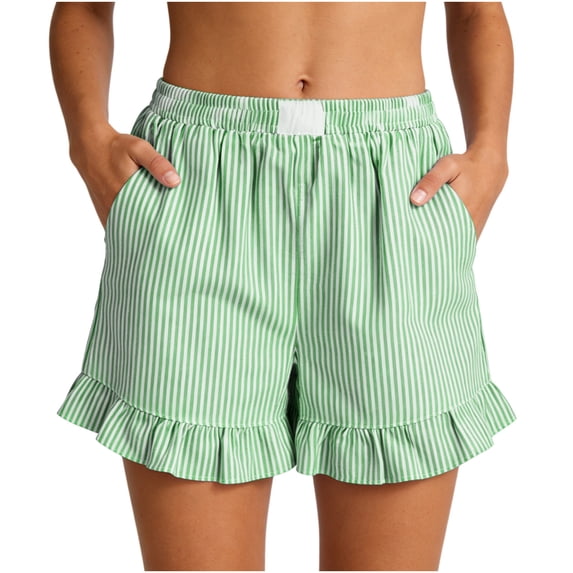 Ymauqau Linen Shorts for Women Elastic High Waisted Pull on Ruffle Hem Striped Boxer Casual Shorts Summer Beach Shorts with Pockets