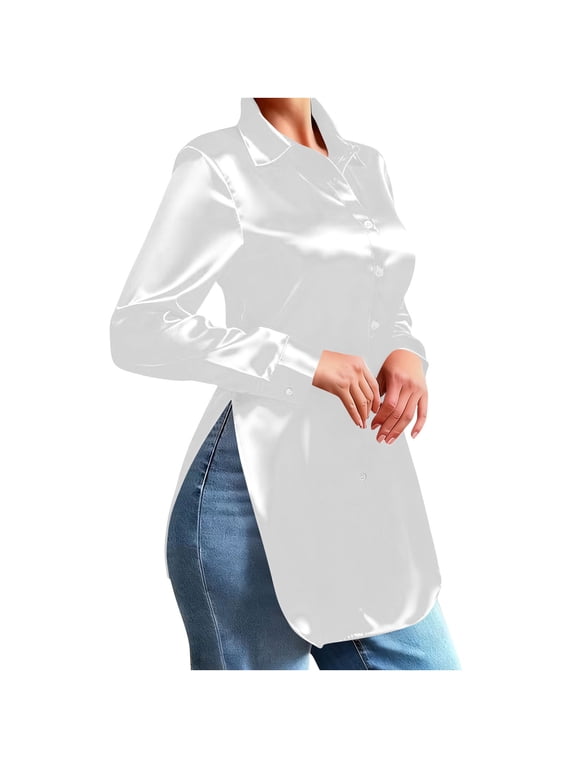 Satin Tops for Women Long Sleeve Collared Side Split Curved Hem Oversized Button down Shirts Dressy Casual Tunic Blouses