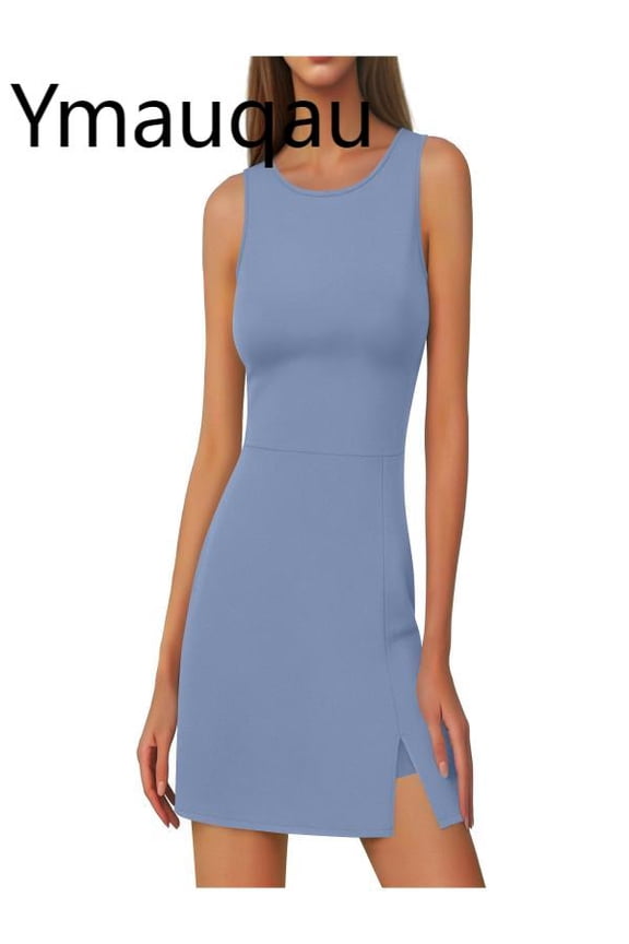 Tennis Dress for Women Sleeveless Crew Neck Side Split Slim Athletic Dress with Built in Shorts Mini Workout Dresses