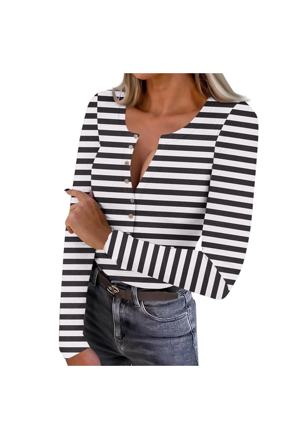Tops for Women Trendy Long Sleeve Scoop Neck Half Button Ribbed Knit Slim T-Shirts Tight Casual Tee Blouses Going out Tops
