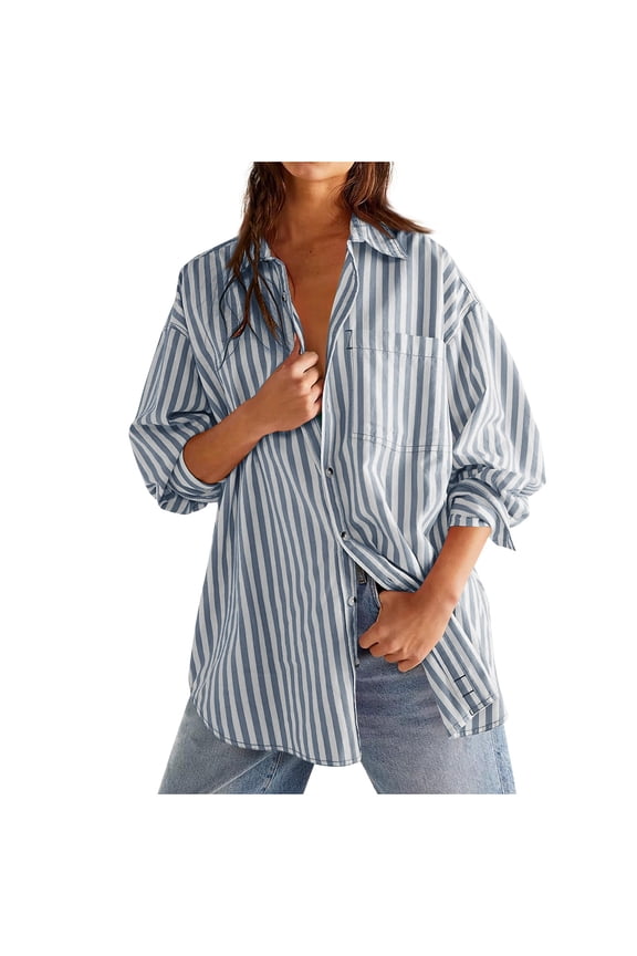 Women's Oversized Button down Shirts Long Sleeve Collared Curved Hem Striped Tunic Tops Casual Loose Work Blouses