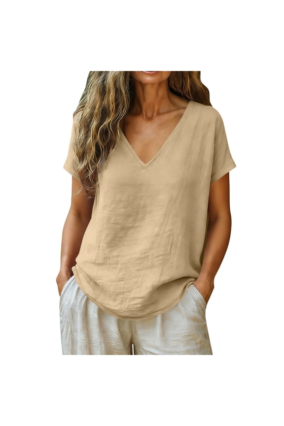 Women's Plus Size Tops Cotton Linen Short Sleeve V Neck Pleated T-Shirts Loose Tunic Tops Casual Tee Blouses