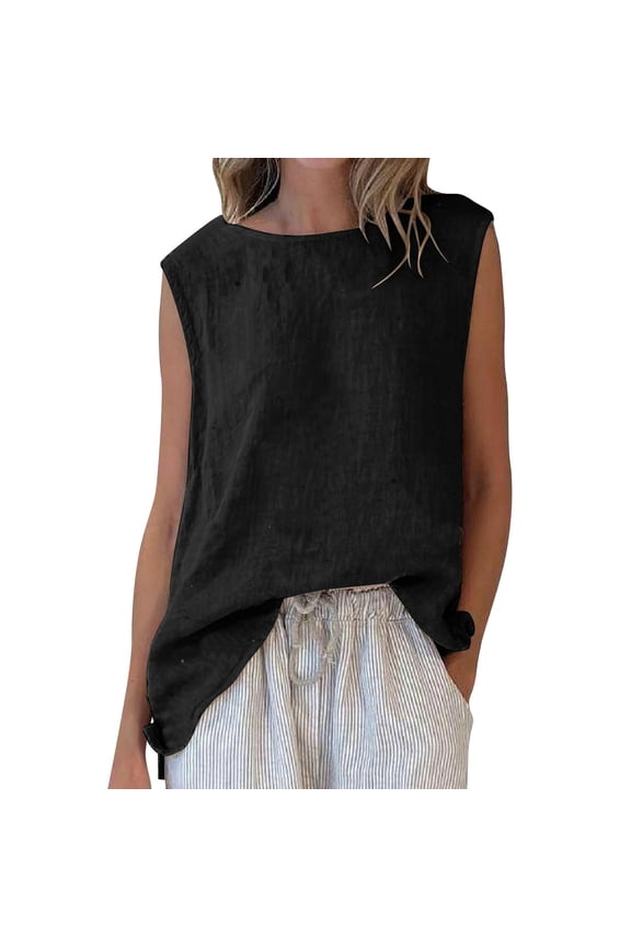 Women's Tank Tops Cotton Linen Boat Neck High Low Hem Sleeveless T-Shirts Casual Cami Shirts Loose Tunic Blouses