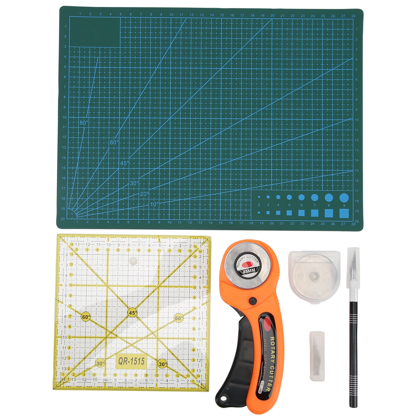 Wa Portman Rotary Cutter Set & Cutting Mat for Sewing - 45mm Rotary Cutter for Fabric & 5 Blades - 24x36 in Fabric Cutting Mat - 6x24 in Acrylic