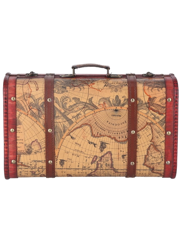 Wood Trunk Treasure Chest,Vintage Suitcase Portable Composite Wood Map Pattern Design Vintage Storage Chest,Decorative Storage Suitcase