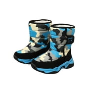 Ymiytan Boys Winter Shoes Plush Lined Mid Calf Boots Platform Snow Boot Hiking Warm Shoe Breathable Round Toe Camouflage Blue 12c