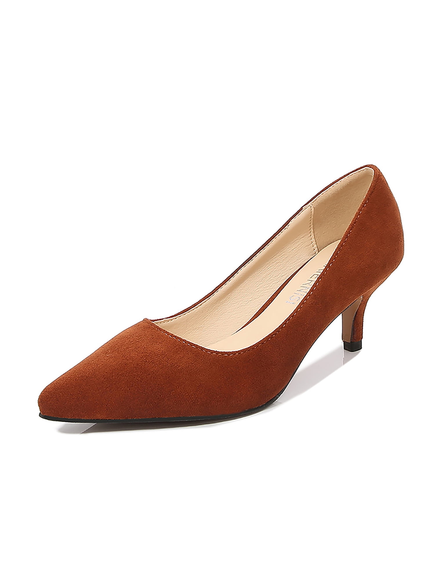 Ymiytan Women Heels Slip On Pumps Kitten Heel Dress Shoes Work Comfort Non Slip Pointed Toe Brown 10