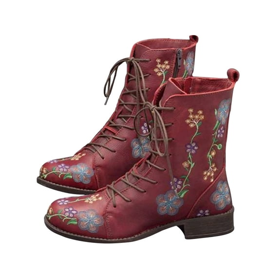 Ymiytan Women's Ankle Leather Booties Block Heel Boots Bohemian Pattern Pointed Toe Low Heel Side Zipper Boots