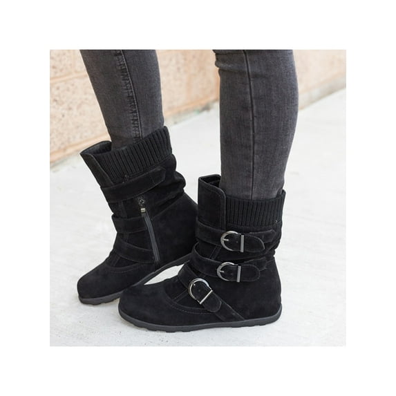 Ymiytan Women's Fashion Booties Buckle Mid Calf Booties Winter Outdoor Warm Bootie