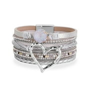 Ymller Women Leather Cuff Bracelet Set Multilayer Wrap Bracelet Crystal Heart Bracelet Magnetic Clasp Bracelet For Women