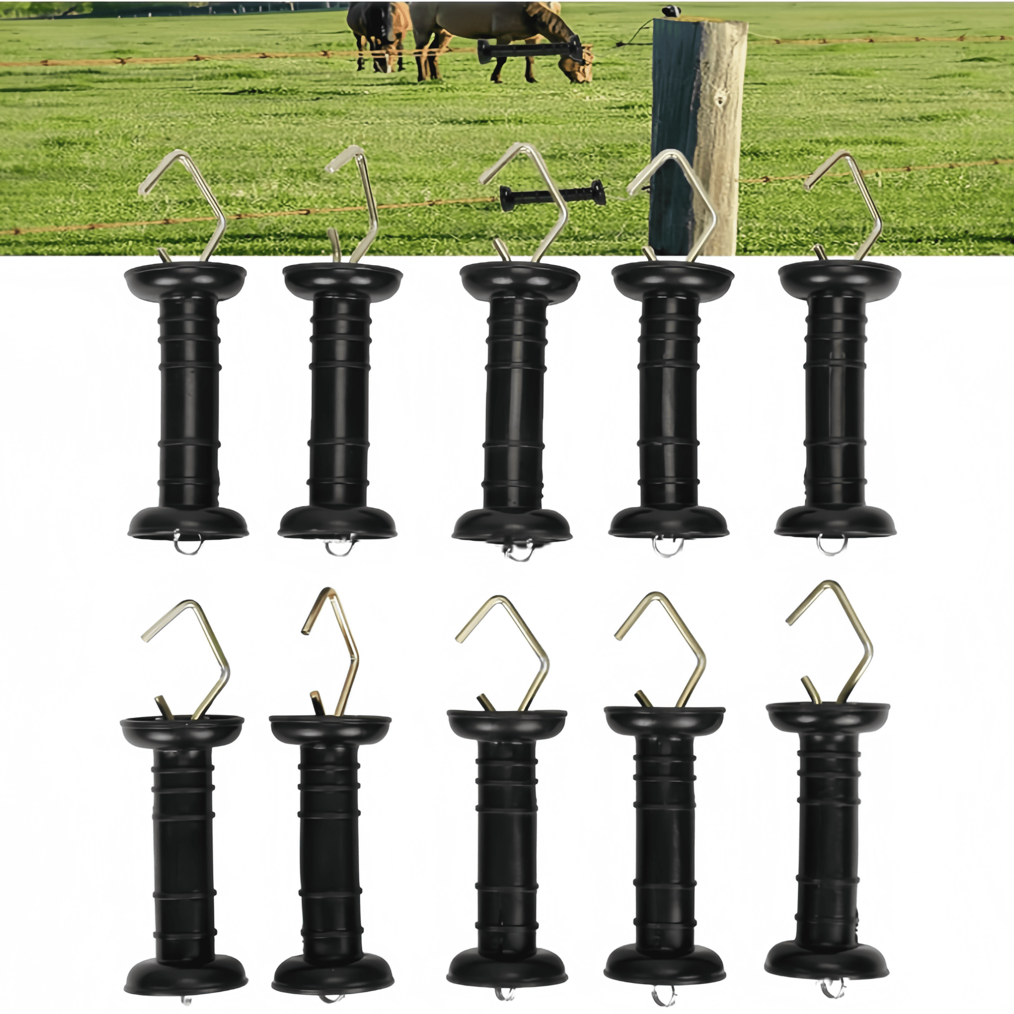 4 Pcs Heavy Duty Electric Fence Gate Handle, Black With Insulators With Spring
