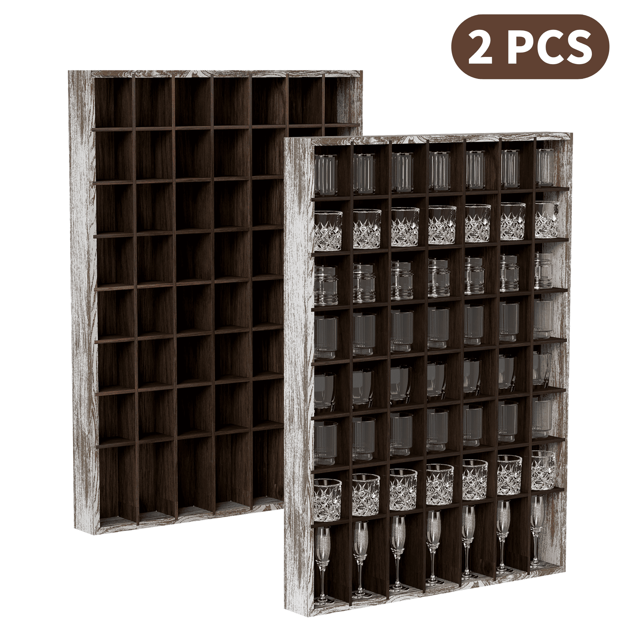 Ymokee 2 PCS Shot Glass Display Case, 56 Slots Wood Wall-mounted Curio & Shot Glass Holder for Home & Bar Decor