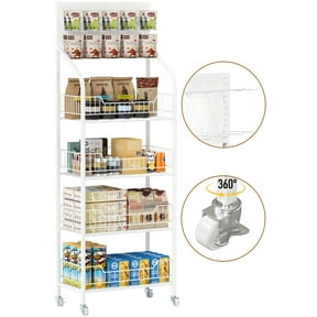 Ymokee 4 Tier Supermarket Retail Display Rack, Commercial Metal Snack Candy Display Shelf Cart with Wheels and 10 Hooks, White