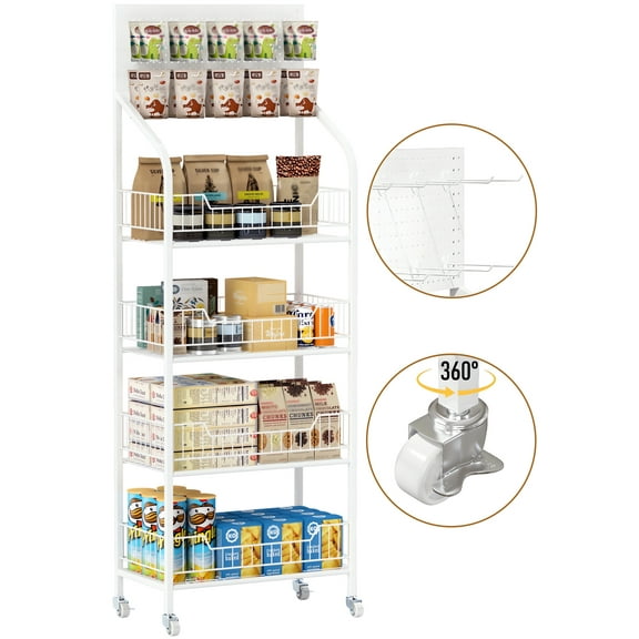 Ymokee 4 Tier Supermarket Retail Display Rack, Commercial Metal Snack Candy Display Shelf Cart with Wheels and 10 Hooks, White