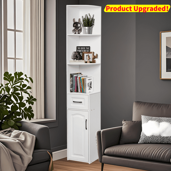 Ymokee 70.8" Tall Corner Cabinet, 5 Tier Wooden Bookcase Storage Cabinet w/ Drawer & Cupboard for Bathroom,Living Room,Kitchen, Warm White