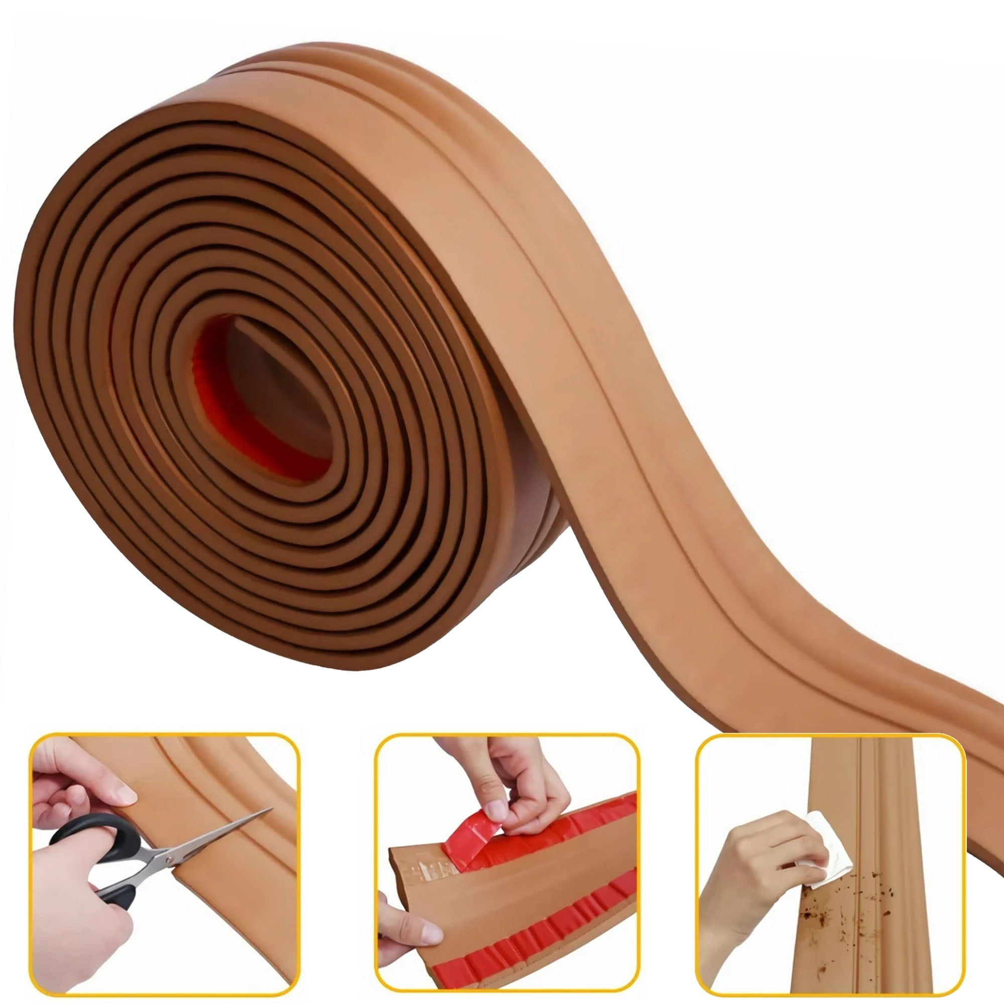 Ymokee 16.4FT Flexible Baseboard Moulding Trim, Peel and Stick Vinyl Wall Baseboards Moulding Trim, (Brown 16.4 ft x 4 in,Thickness 0.43 inch)