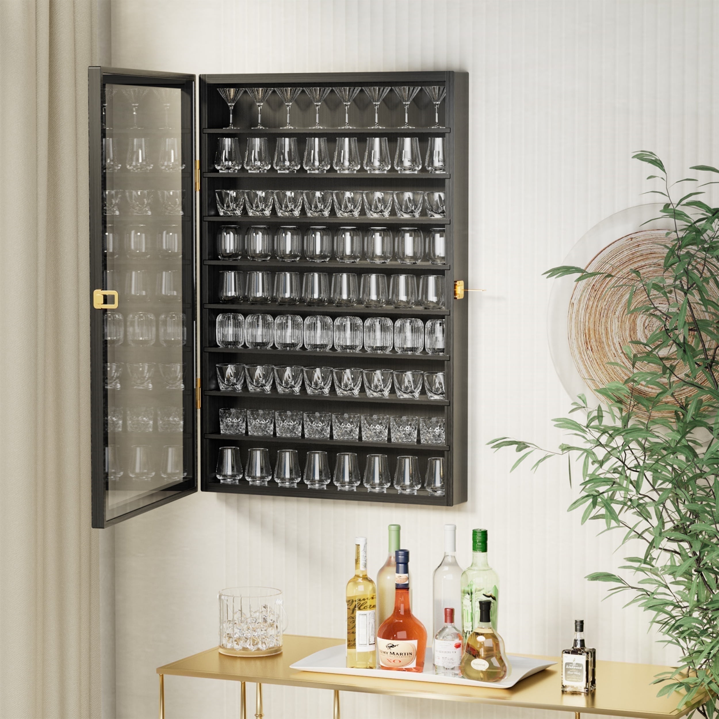 Ymokee Large Wall-Mounted Curio & Shot Glass Display Case 72 Slots with Acrylic Lockable Door & Removeable Shlves for Home, 26.85" x 17.5" x 3.35", Black