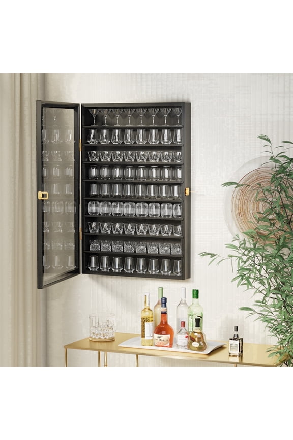 Large Wall-Mounted Curio & Shot Glass Display Case 72 Slots with Acrylic Lockable Door & Removeable Shlves for Home, 26.85" x 17.5" x 3.35", Black