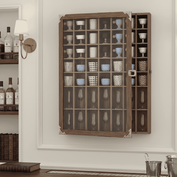 Ymokee Lockable Curio & Shot Glass Display Case, 49 Slots Wood Wall-Mounted Shot Glasses Holder Bar Cabinet with Acrylic Door & Removeable Shelves