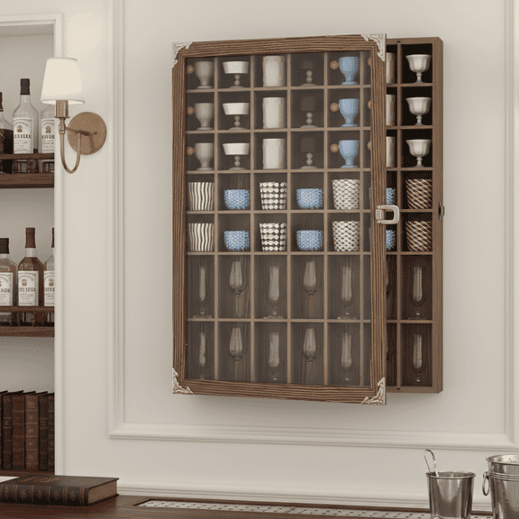Ymokee Lockable Curio & Shot Glass Display Case, 49 Slots Wood Wall-Mounted Shot Glasses Holder Bar Cabinet with Acrylic Door & Removeable Shelves