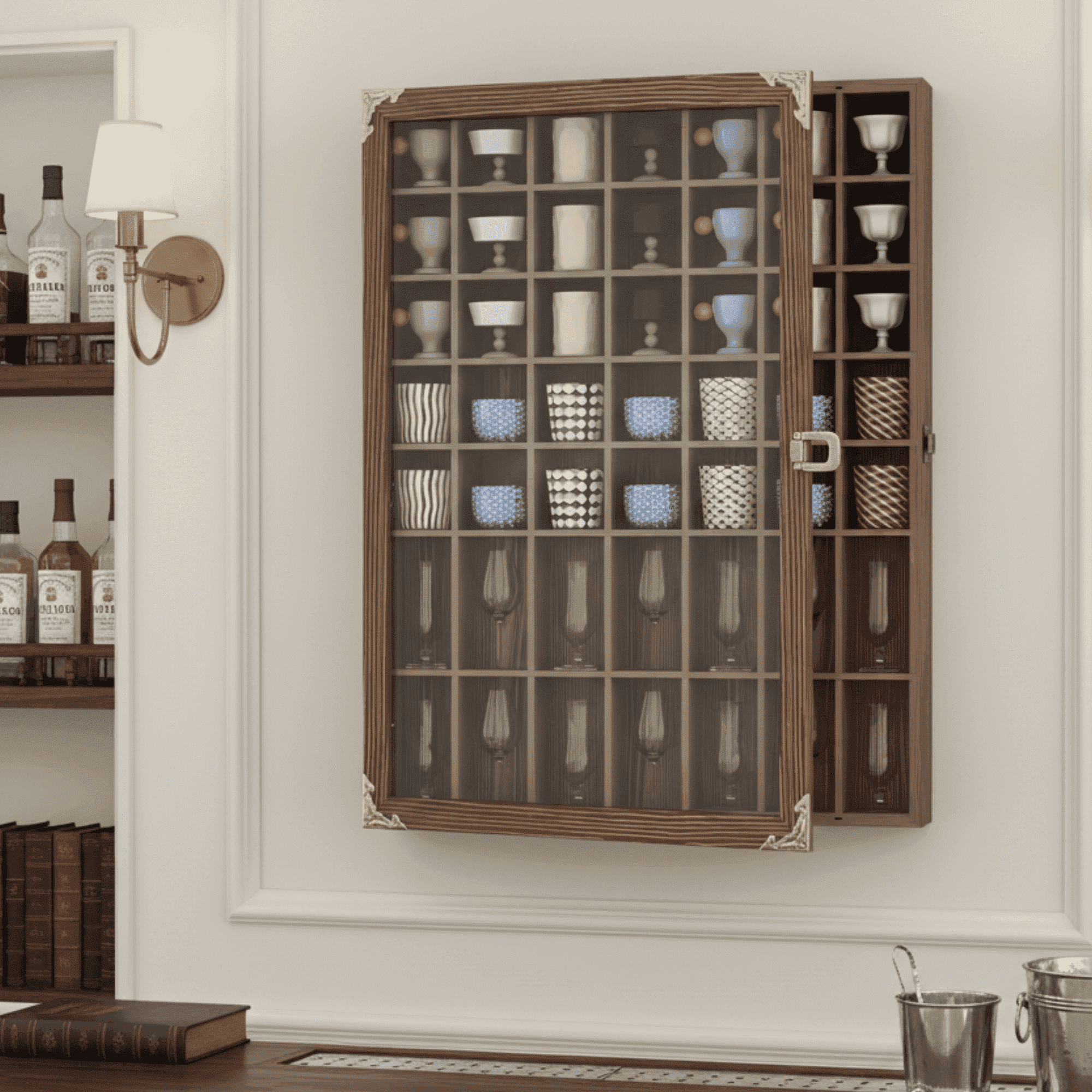 Ymokee Lockable Curio & Shot Glass Display Case, 49 Slots Wood Wall-Mounted Shot Glasses Holder Bar Cabinet with Acrylic Door & Removeable Shelves