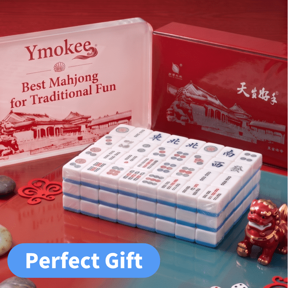 Ymokee Playing Mahjong Classic Strategy Game for Families, Melamine Chinese Mahjong Game Set, Perfect Gift with Word, Blue