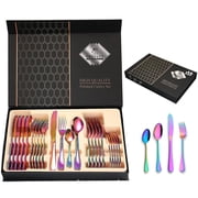Ymokee Rainbow Silverware Set, 24 Piece Colored Spoons and Forks, Stainless Steel Flatware Set, Mirror Finish Cutlery with Gift Box