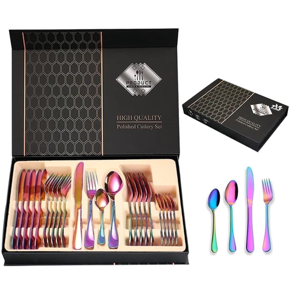 Ymokee Rainbow Silverware Set, 24 Piece Colored Spoons and Forks, Stainless Steel Flatware Set, Mirror Finish Cutlery with Gift Box