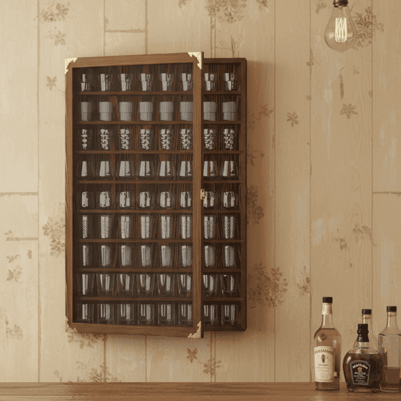 Ymokee Solid Wood 72 Slots Wall-Mounted Shot Glass Display Case with Acrylic Lockable Door & Removable Shelves for Houshold, 26.85'' x 17.5'' x 3.35'', Brown