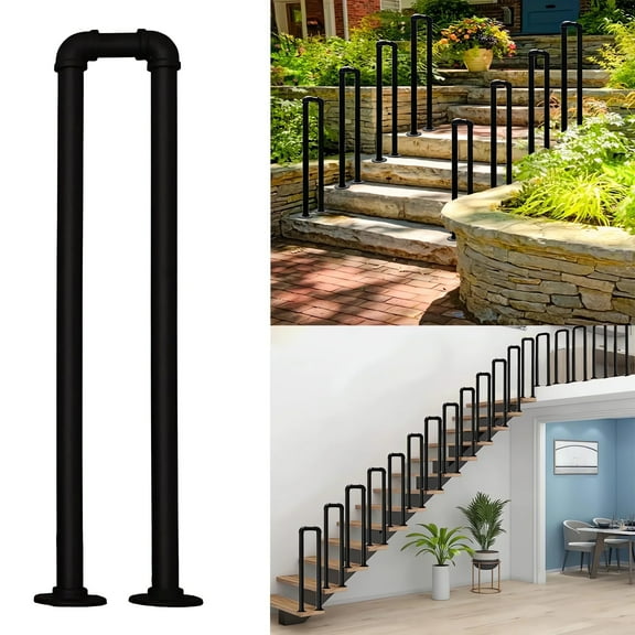 Ymokee U-Shaped Stair Handrail, 3.3 ft Non-Slip Iron Safety Stair Railing, Outdoor/Indoor Stair Railing, Black