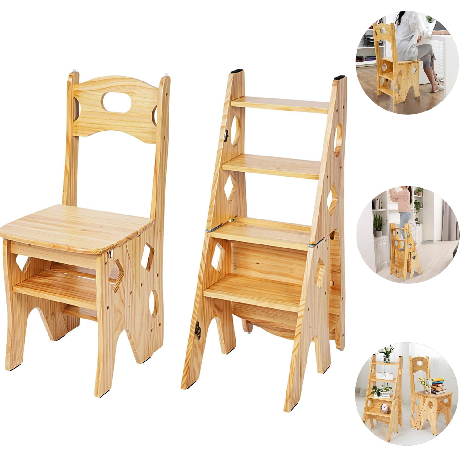 Ymokee Wooden Folding Ladder Chair, Chair Step Stool Combo for Home, Library, Kitchen