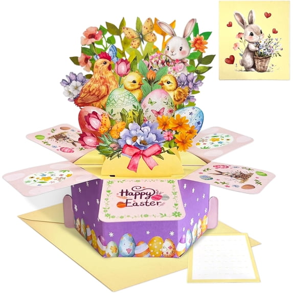 Ympkerial 3D Pop Up Greeting Cards Easter Theme Featuring Bunny Basket and Egg Illustrations Assortment Pack of Pop Up Cards for Spring