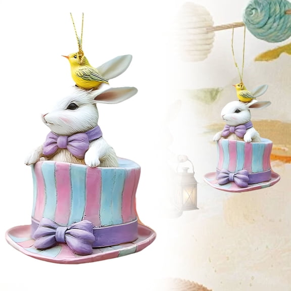 Ympkerial Acrylic Car Pendant Ornament Holiday Themed Easter Bunny with Floral Egg Basket Retro 2D Flat Hangable Auto Interior Decor for Dashboard or Mirror (1 Piece)