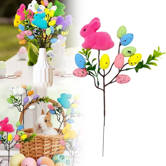 Ympkerial Artificial Easter Spray and Picks Bundle with Flocked Easter Egg Ornaments and Decorative Bunny Branches, 1-Piece Holiday Home Decor