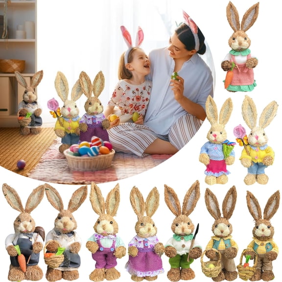 Ympkerial Bunny Figurines Set, 13.7 Inch Rustic Straw Bunny Statue with Carrot, Sisal and Rattan Rabbit Tabletop Ornament for Spring Easter Home Office Farmhouse Decor