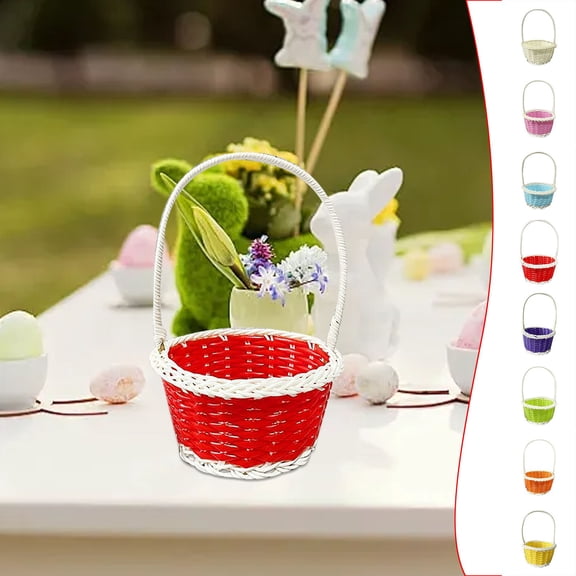 Ympkerial Easter Basket, Round Woven Bamboo Goodie Basket with Sturdy Handle, Empty Candy Gift Basket for Egg Hunts, Party Treats and Picnic Favors Decor, Red