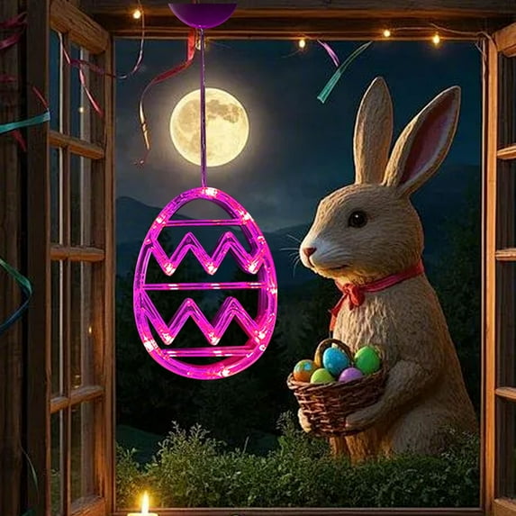 Ympkerial Easter Decor Lights Battery Operated Window Hanging LED Egg Shapes with Suction Cup Pink Illumination and Automatic Timer for Indoor Bedroom Spring Seasonal Decorating (1 Pack)