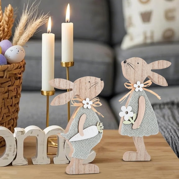 Ympkerial Easter Decor Set Farmhouse Rustic Wooden Bunny Rabbit Sign with Flocked Accents Tiered Tray and Table Centerpiece for Home Office Indoor Party Desk