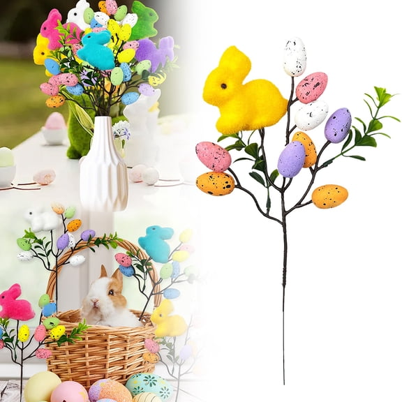Ympkerial Easter Egg Picks and Bunny Floral Sprays Assortment with Artificial Flocked Decorations and Decorative Stems, 1-Count Spring Home Decor