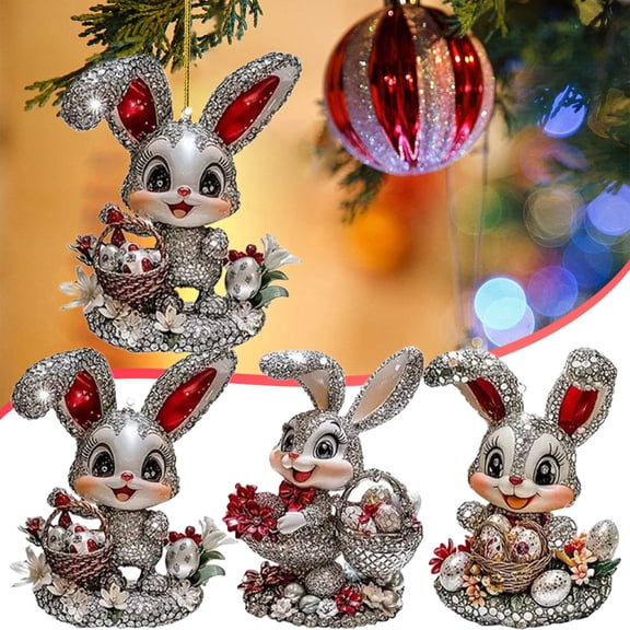 Ympkerial Easter Ornaments Set of 3 Acrylic Hanging Pendants with Bunny Flower Garland Designs Mini Rhinestones Glitter Rabbit Decor for Holiday Party Tree Decoration Supplies