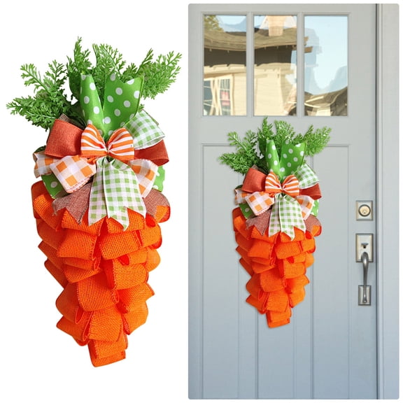 Ympkerial Easter Wreath and Spring Swag Set, Carrot Decor Burlap Teardrop Wreath with Hemp Garland for Front Door, Ornamental Door Hanger House Number Display