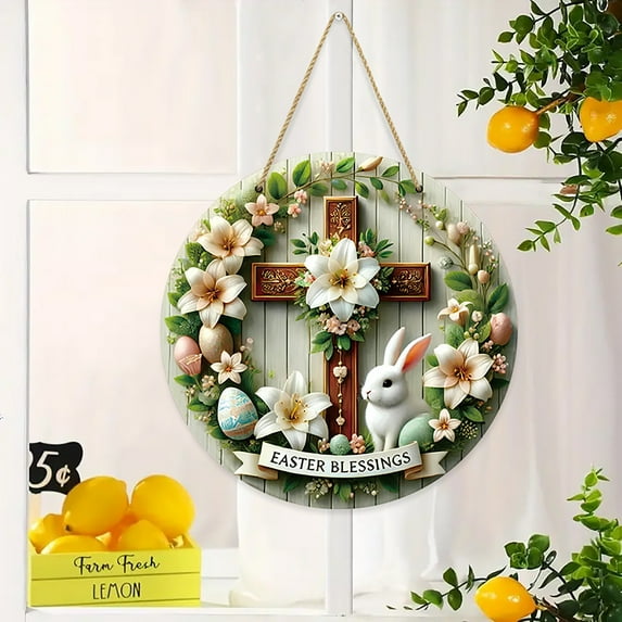 Ympkerial Easter Wreath for Front Door Religious Wooden Cross Rabbit Egg Floral Decor Spring Holiday Hanging Sign Christian Home Party Decoration