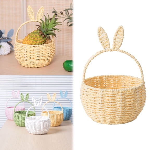 Ympkerial Handcrafted Bunny Easter Basket with Handle, Large Rattan Woven Straw Wicker Candy Basket for Easter Egg Hunts, Picnic Storage, and Gift Ideas, Rabbit Ear Design