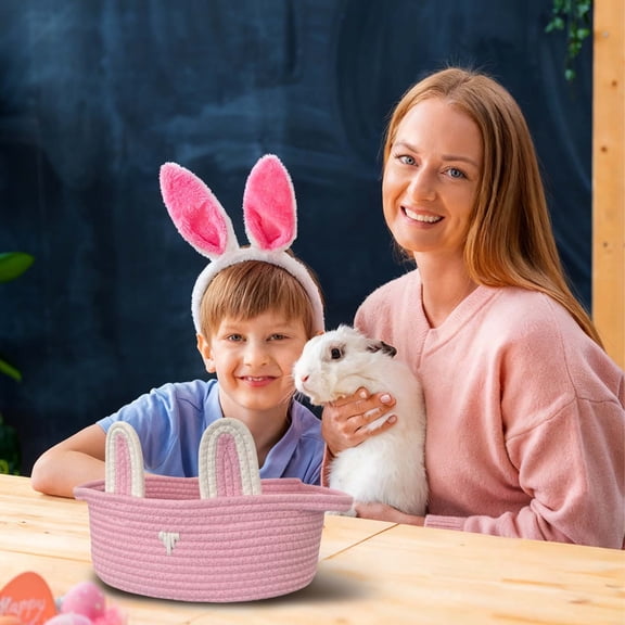 Ympkerial Jumbo Woven Easter Basket Baby First Easter Gift Bunny Themed Storage Bin with Handles for Nursery Room Organization and Holiday Decor