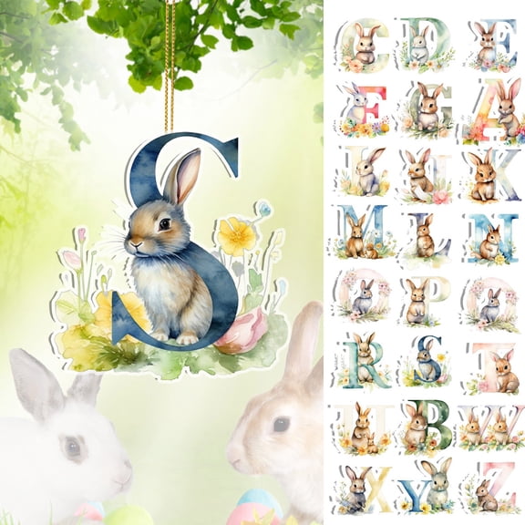 Ympkerial Mini Ornaments Set - Pastel Easter Bunny Alphabet Pendants with Floral Designs for Holiday Tree Decoration and Spring Party DIY Home Decor (A)
