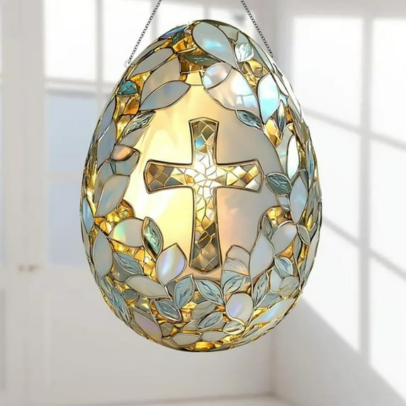 Ympkerial Stained Glass Easter Egg Cross Suncatcher Ornament, Hanging Window Light Catcher for Garden and Indoor Holiday Decor, Decorative Christian Cross with Glass Egg Design, 1 Piece