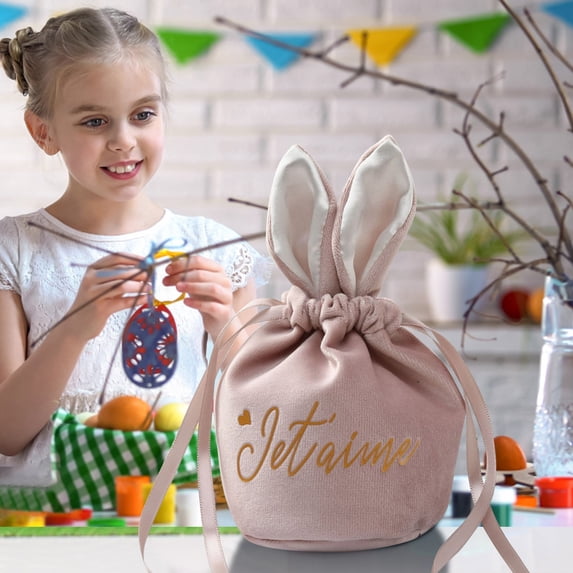 Ympkerial Velvet Easter Bunny Bags Drawstring Treat Pouches Mini Basket Stuffers 5 by 3.5 Inch Pink Rabbit Ear Favor Bags 1 Count
