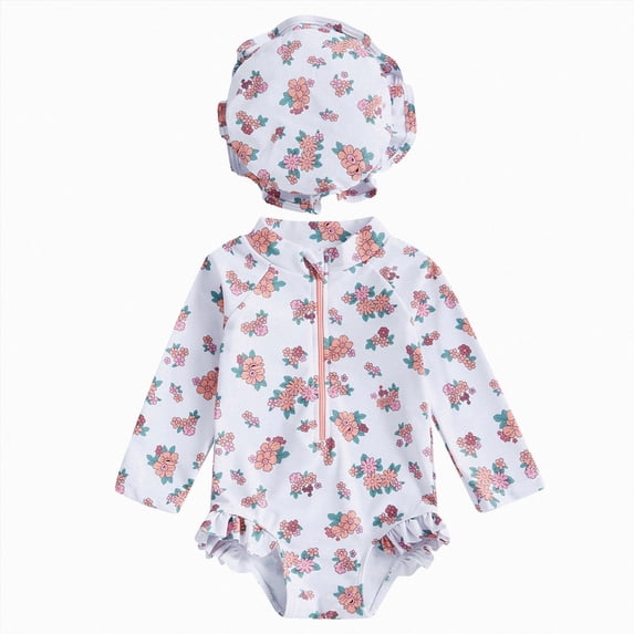 Ymyiu Baby Bathing Suit Girl Uv Protection Baby Girls Swimsuit Infant Bathing Suit with Hat Zipper Long Sleeve One-Piece Rash Guard Swimwear for Girl 0-3 Months (White,0-3 Months)