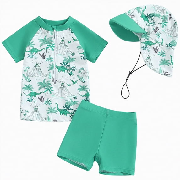 Ymyiu Baby Boy Bathing Suit Baby Boys Swimsuit short Sleeve Swimwear Baby Boy Swim Trunk with Hat Set 3-Piece Toddler Bathing Suit 2T 3T (Green,2-3 Years)