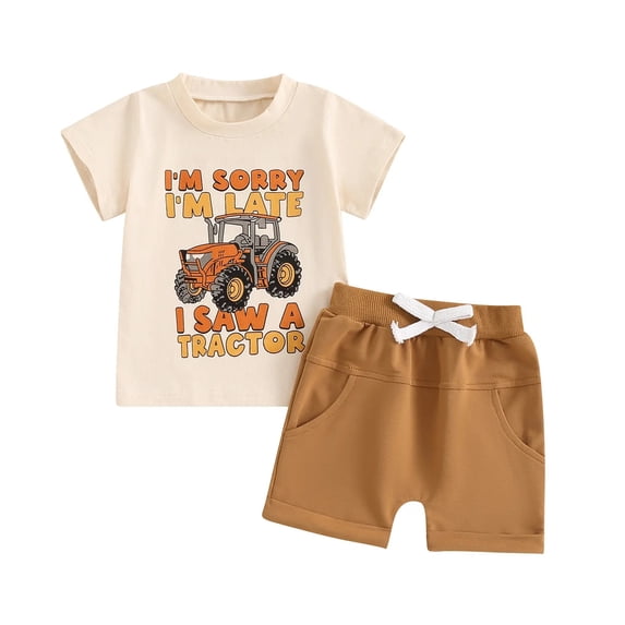 Ymyiu Baby Boy Clothes Summer Toddler Boys 2-Piece Summer Outfit T-Shirt & Elastic Waist Shorts for Kids Clothing Set 0-6 Months (Brown,0-6 Months)